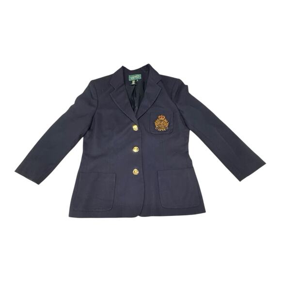 Ralph Lauren Blazer Wool Navy Blue RL Crown Crest Gold Buttons Women's 12 Preppy - Picture 1 of 11